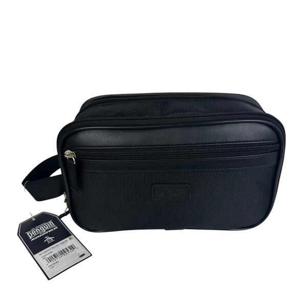 NWT Penguin Mens Faux Leather Zip Top Closure Portable Handle Black Travel Kit - Picture 1 of 4